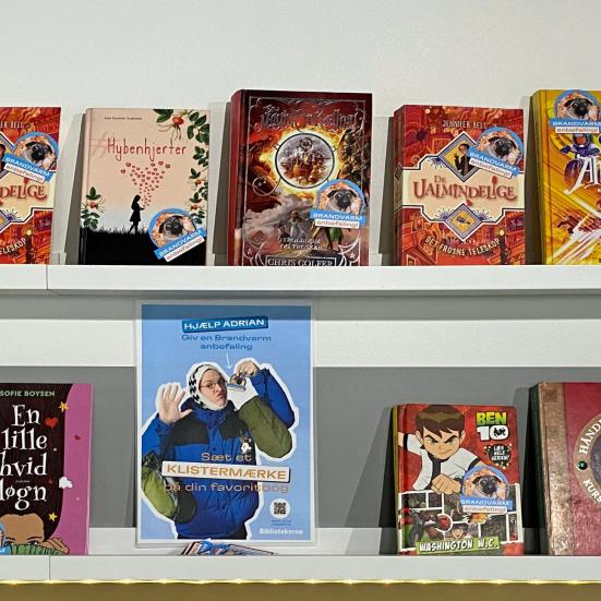 En udstilling med mange bøger med forsiden udad. Det er børnebøger, som har klistermærker på med teksten "Brandvarm anbefaling".