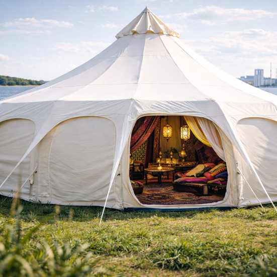 Et stort telt står på en græsplæne med Limfjorden i baggrunden