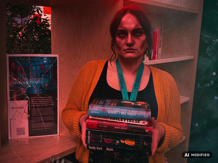 En person poserer foran en bogreol med horrorbøger i hænderne. Billedet er manipuleret ved hjælp af AI, så personen ligner en zombie.